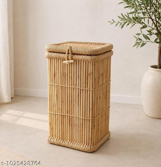 Waterproof Standing Linen Fabric Laundry Hamper with Natural Bamboo Handles - Photo 1
