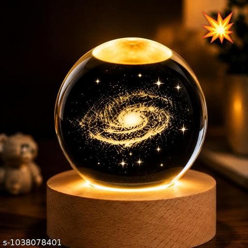 3D Crystal Ball Galaxy Night Lamp with Natural Beech Wood Base - Photo 1