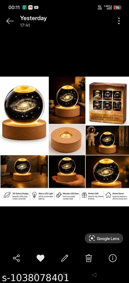3D Crystal Ball Galaxy Night Lamp with Natural Beech Wood Base thumbnail 3