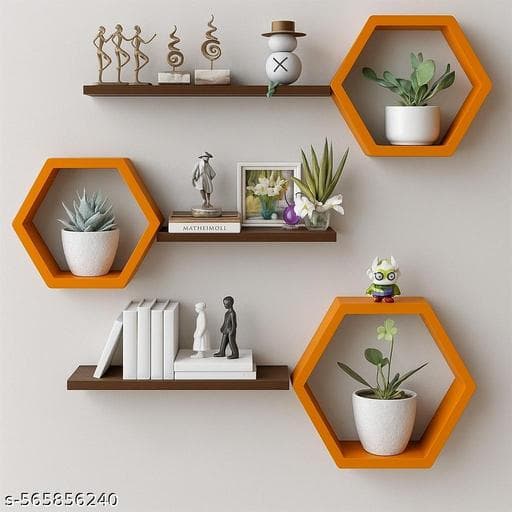 Modern Metal Wire Hexagonal Floating Wall Shelves (Set of 3, Gold Finish) thumbnail 2
