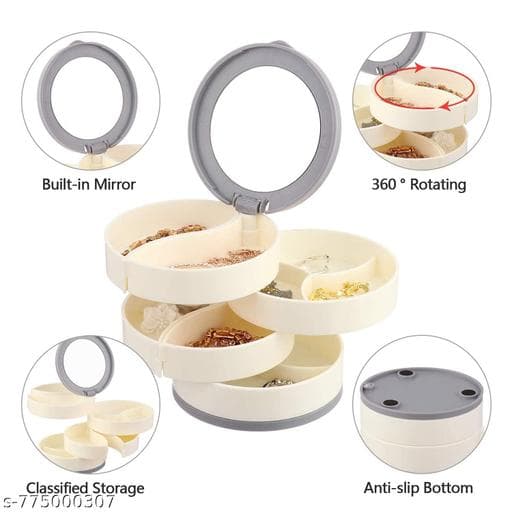 360° Rotating 4-Layer Jewelry Storage Tower with Vanity Mirror Lid thumbnail 2