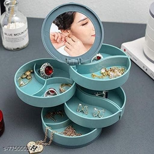 360° Rotating 4-Layer Jewelry Storage Tower with Vanity Mirror Lid thumbnail 3
